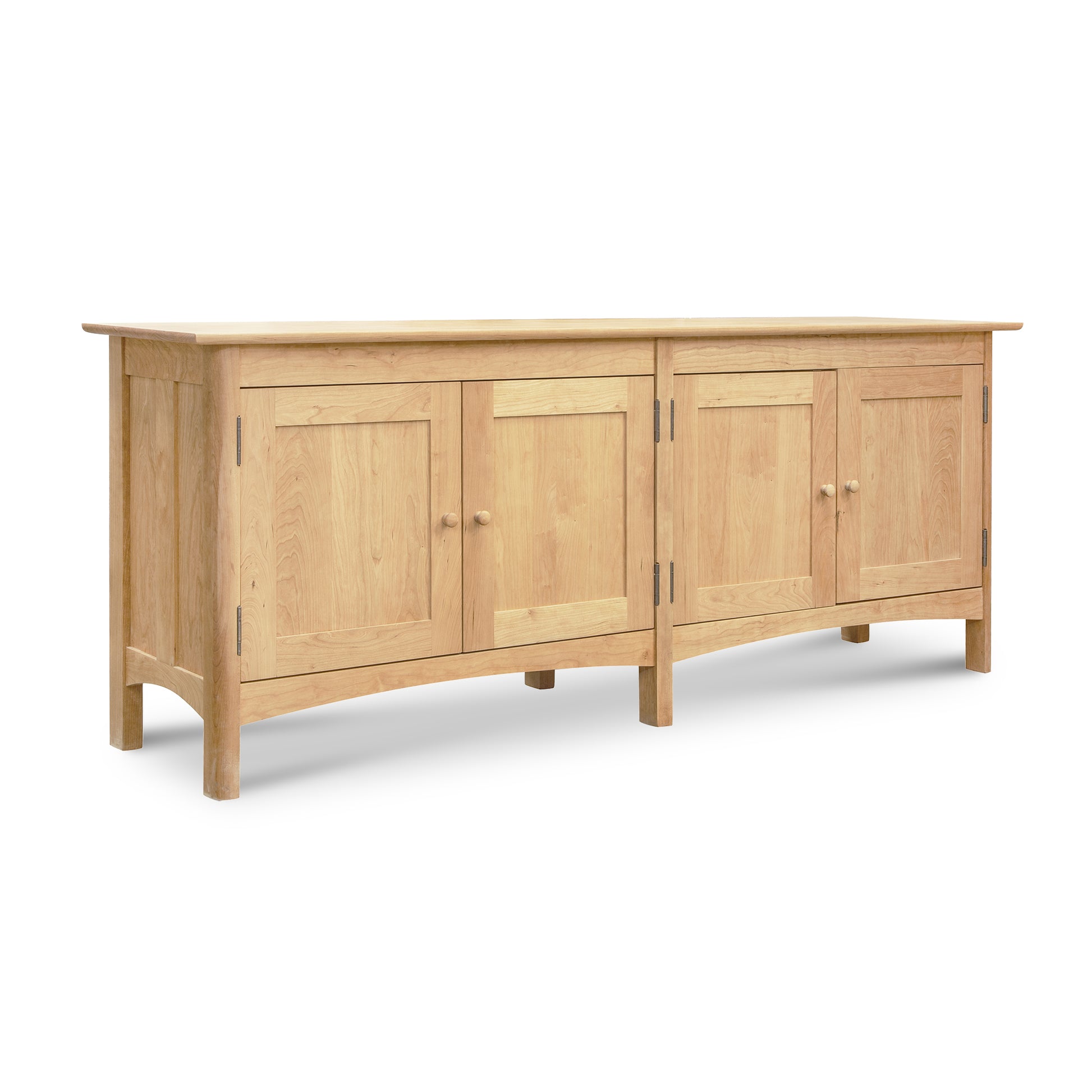 Heartwood Shaker 4-Door Console Bookcase by Vermont Furniture Designs, featuring smooth handcrafted wood, four sturdy doors with round handles, showcasing American craftsmanship.