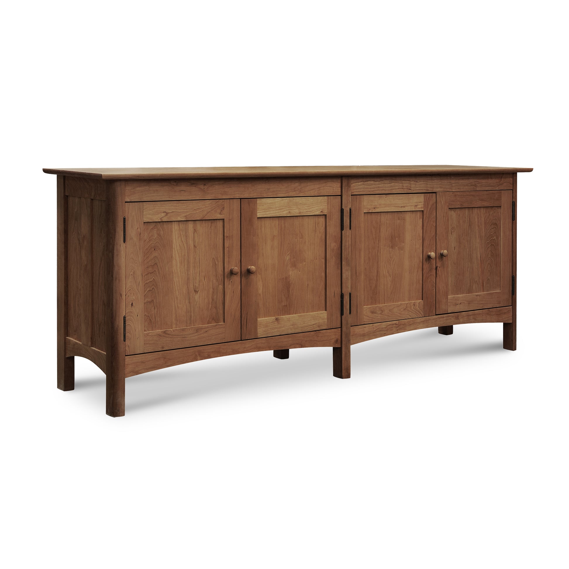 Heartwood Shaker 4-Door Console Bookcase by Vermont Furniture Designs, showcasing solid wood craftsmanship, round handles, natural finish, and robust design.