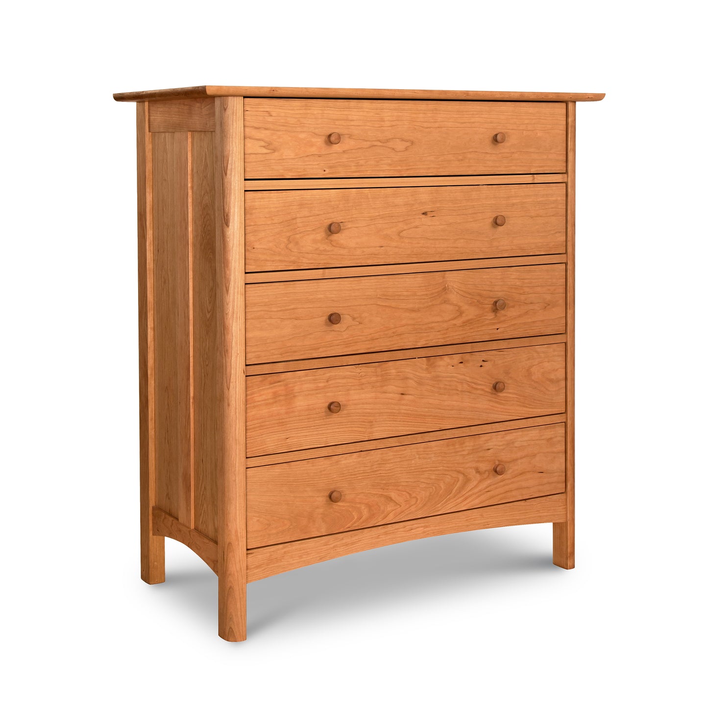 Heartwood Shaker 5-Drawer Chest with round knobs, natural wood finish, and sturdy four-leg base handcrafted by Vermont Furniture Designs.