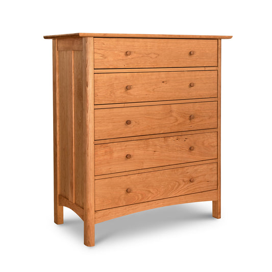 Heartwood Shaker 5-Drawer Chest with round knobs, natural wood finish, and sturdy four-leg base handcrafted by Vermont Furniture Designs.