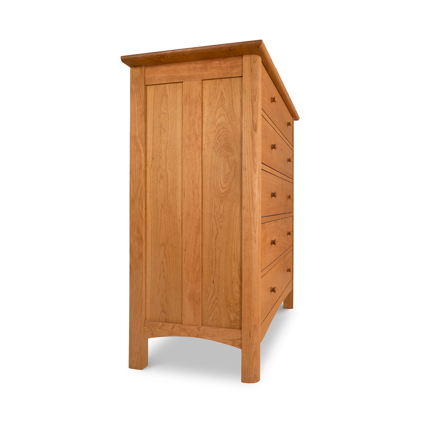 Heartwood Shaker 5-Drawer Chest by Vermont Furniture Designs, showcasing its handcrafted quality and smooth finish from a side perspective.