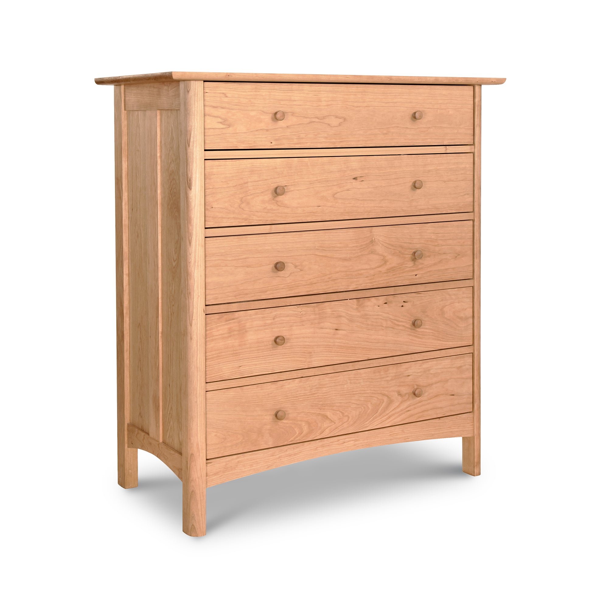 Heartwood Shaker 5-Drawer Chest by Vermont Furniture Designs with round wooden knobs, crafted in solid wood, highlighting its classic Shaker style.