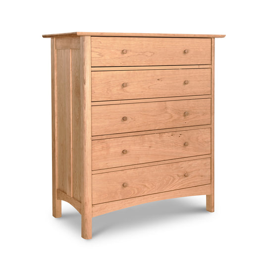 Heartwood Shaker 5-Drawer Chest by Vermont Furniture Designs with round wooden knobs, crafted in solid wood, highlighting its classic Shaker style.