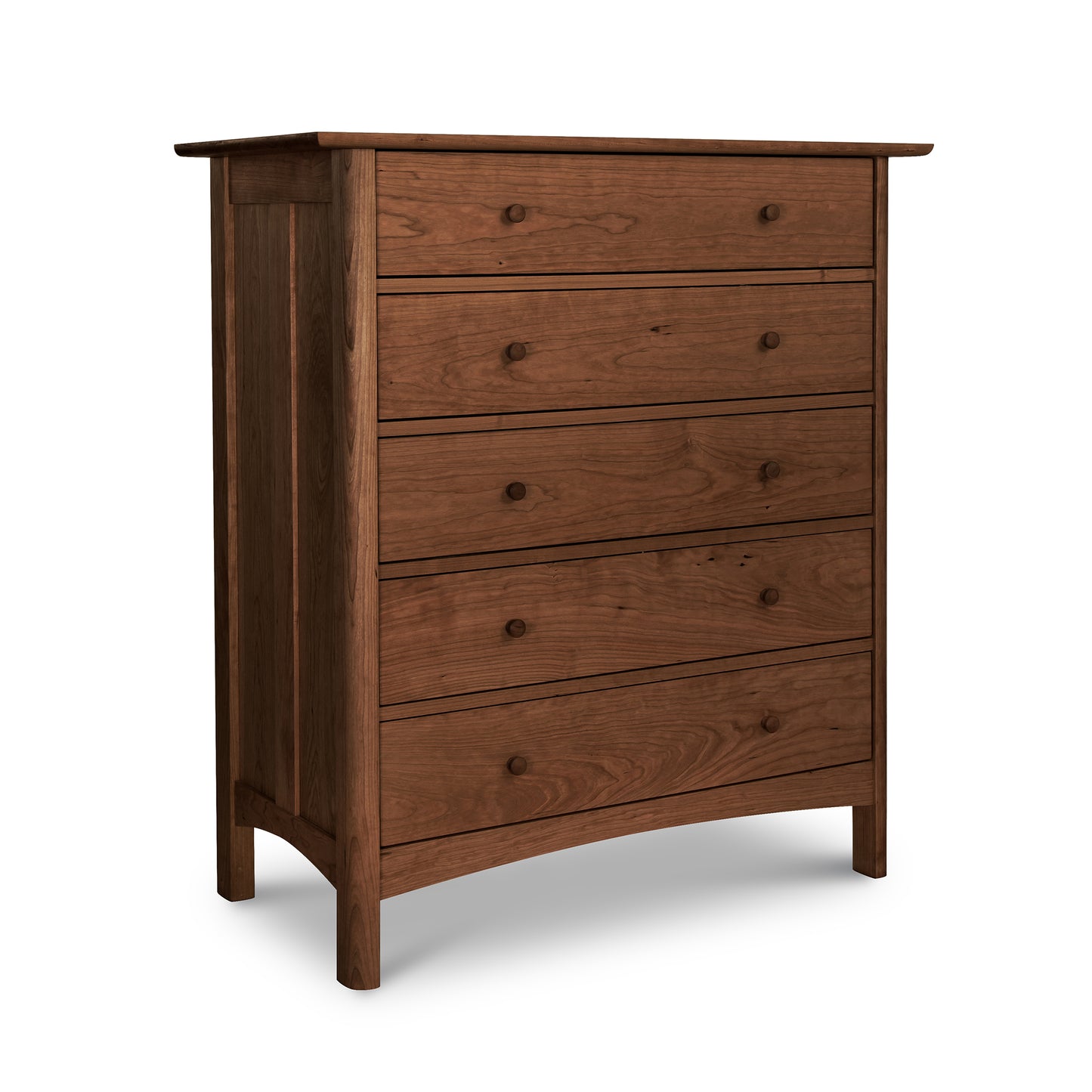 Heartwood Shaker 5-Drawer Chest by Vermont Furniture Designs, showcasing solid wood craftsmanship, round knobs, and a classic brown finish.