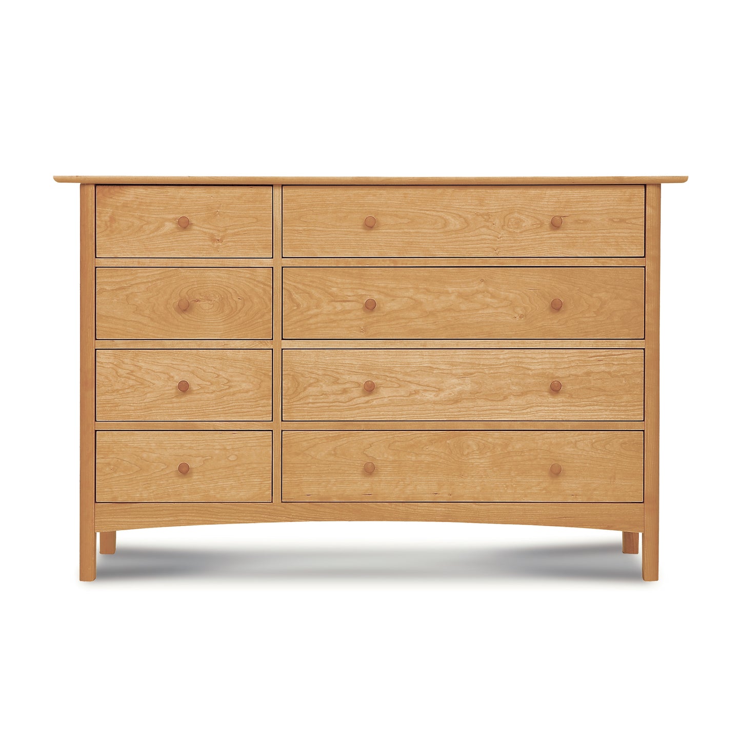 A solid hardwood Heartwood Shaker 8-Drawer Dresser #2 with round knobs by Vermont Furniture Designs against a plain background.