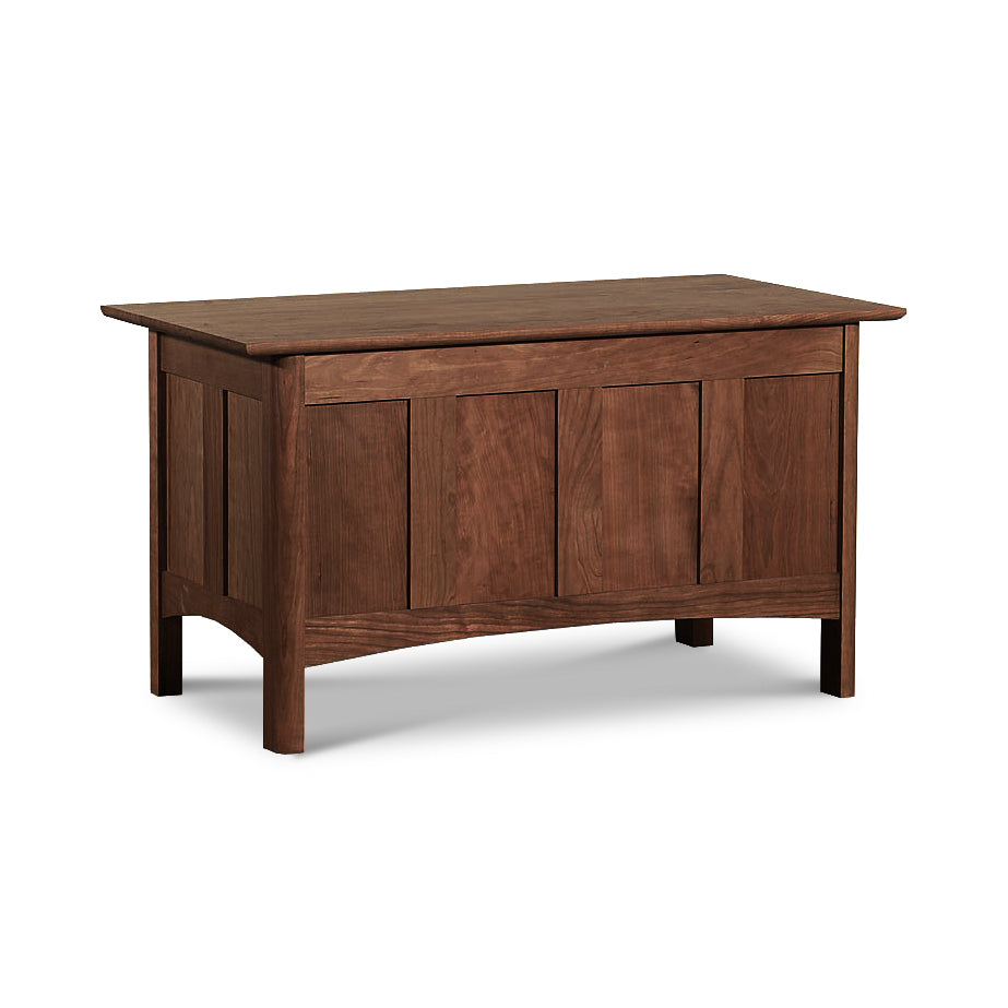 Heartwood Shaker Blanket Chest by Vermont Furniture Designs with a hinged lid and panelled sides, crafted from solid cherry maple walnut wood with an eco-friendly oil finish, isolated on a white background.