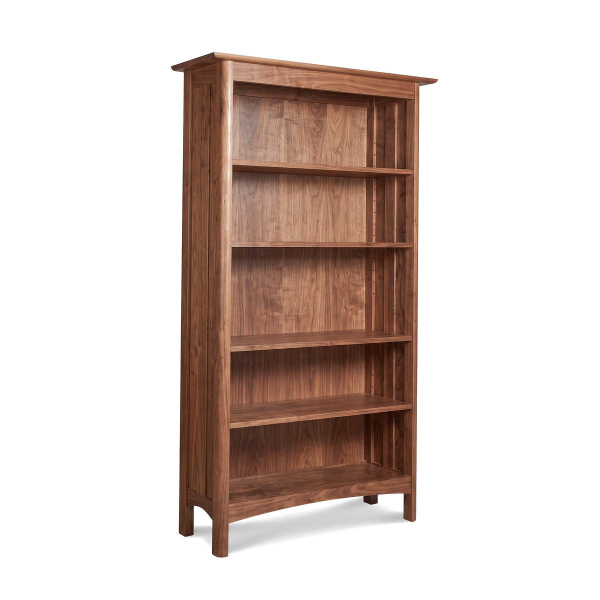 Heartwood Shaker Custom Bookcase by Vermont Furniture Designs, solid wood, medium brown finish, five open shelves, handcrafted American quality.