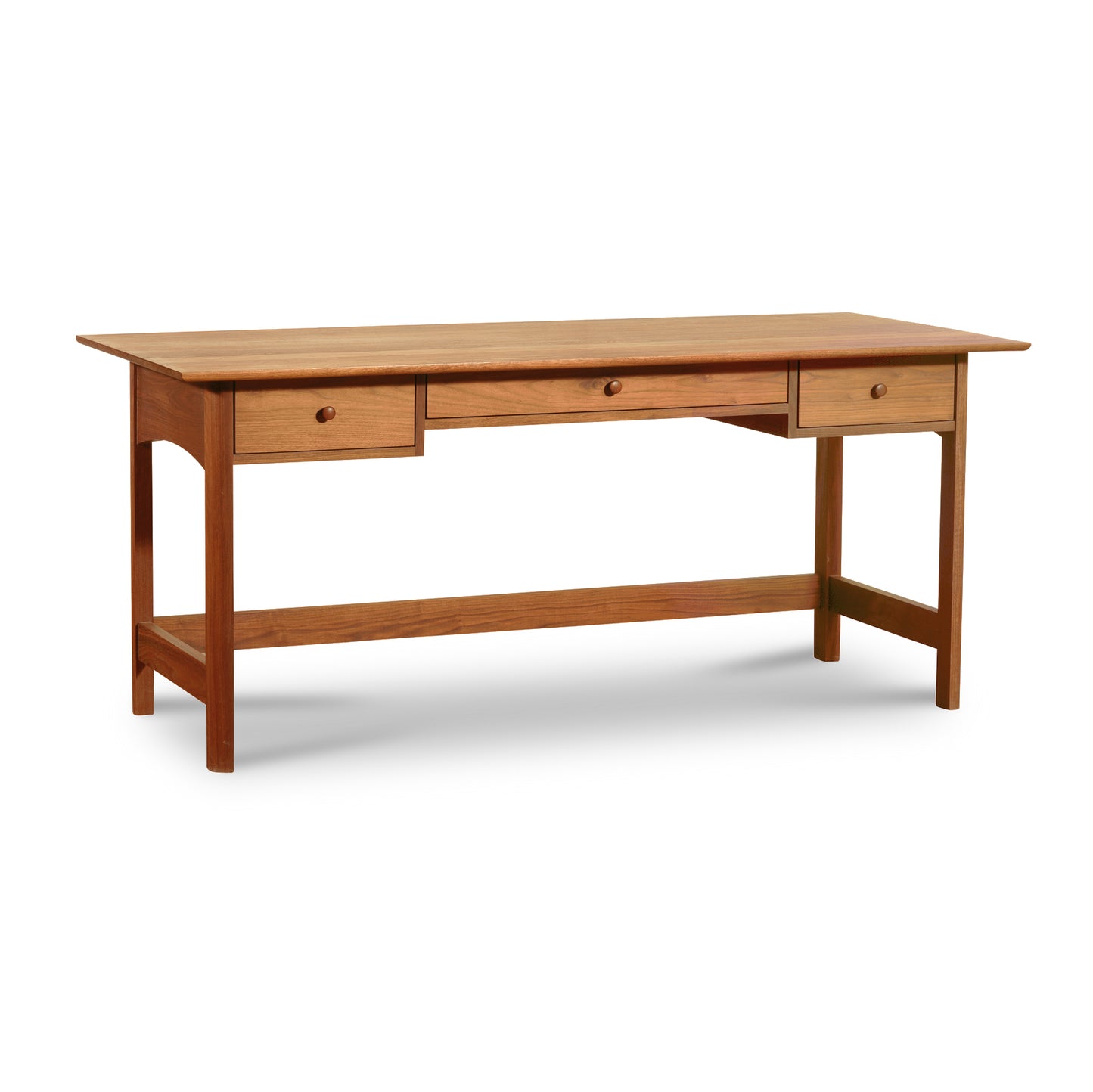 Handmade in Vermont, the Vermont Furniture Designs Heartwood Shaker Campaign Desk features solid wood construction with two drawers on a white background.