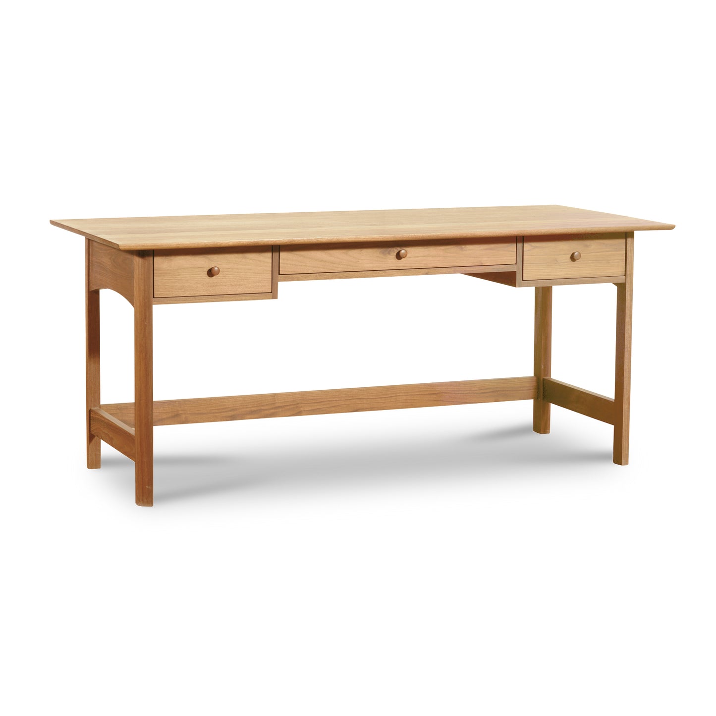 Heartwood Shaker Campaign Desk, handcrafted solid wood with three drawers and minimalist design by Vermont Furniture Designs.