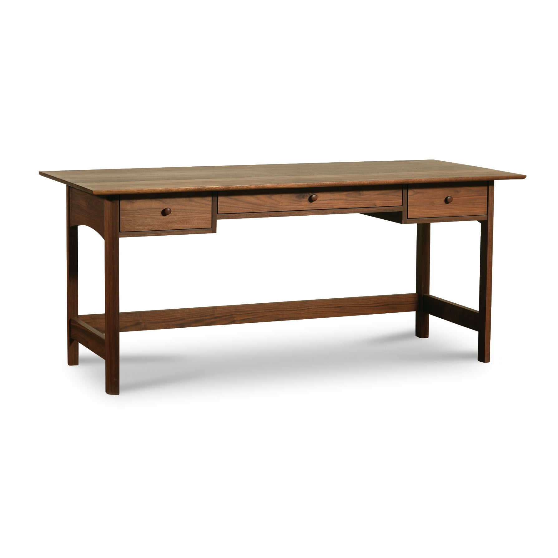 A Vermont Furniture Designs Heartwood Shaker Campaign Desk with two drawers and a rectangular top, isolated on a white background.