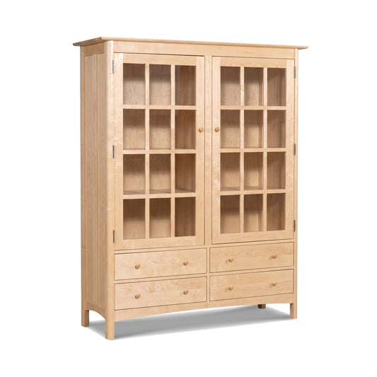 Heartwood Shaker China Cabinet Bookcase by Vermont Furniture Designs with grid glass doors and drawers, handcrafted from solid wood.