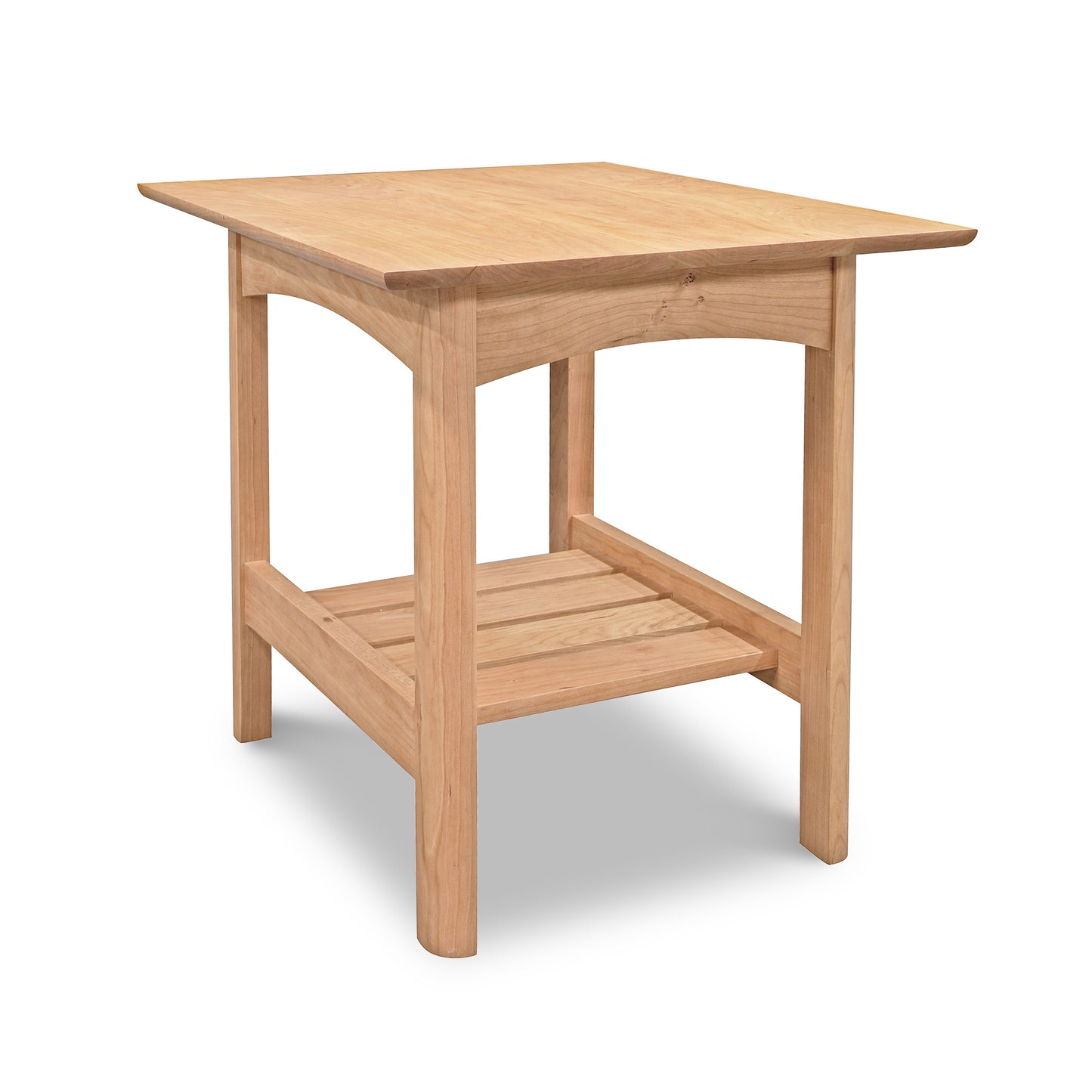 Heartwood Shaker Lamp Table, handcrafted in solid wood with eco-friendly oil finish, highlighting its elegant Shaker design and fine Vermont craftsmanship.