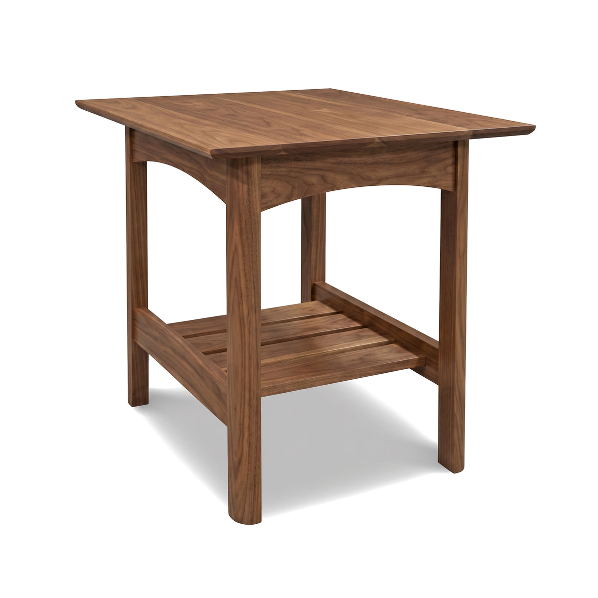 Heartwood Shaker Lamp Table by Vermont Furniture Designs, handcrafted in solid wood with a smooth top, slatted shelf, and timeless Shaker style.