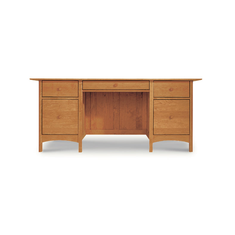 Heartwood Shaker Executive Desk in solid wood with central drawer and dual sets of side drawers, handcrafted by Vermont Furniture Designs.