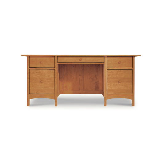 Heartwood Shaker Executive Desk in solid wood with central drawer and dual sets of side drawers, handcrafted by Vermont Furniture Designs.