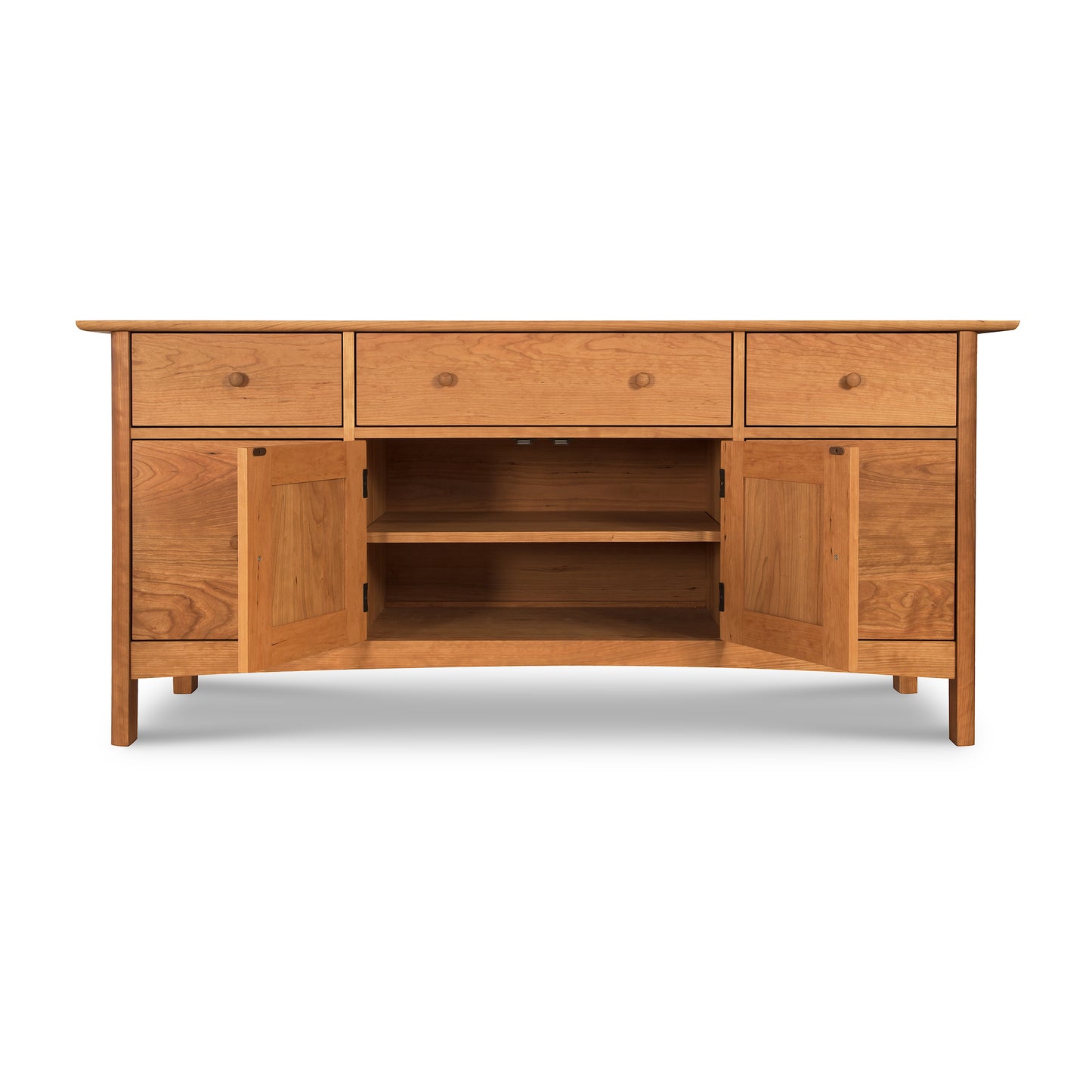 Heartwood Shaker File Credenza made of solid hardwood with three drawers, two doors, and an oil finish, crafted by Vermont Furniture Designs.