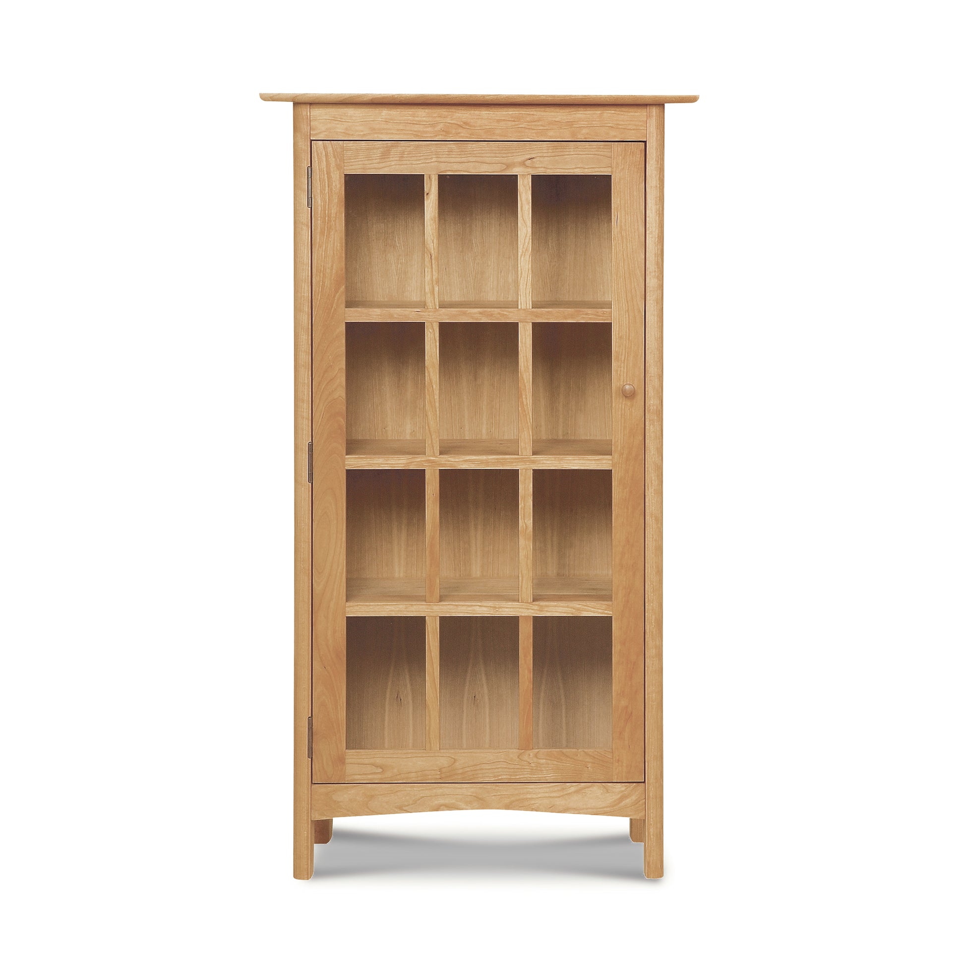 Luxury Heartwood Shaker Glass Door Bookcase with multiple compartments, featuring an eco-friendly oil finish from Vermont Furniture Designs, against a white background.