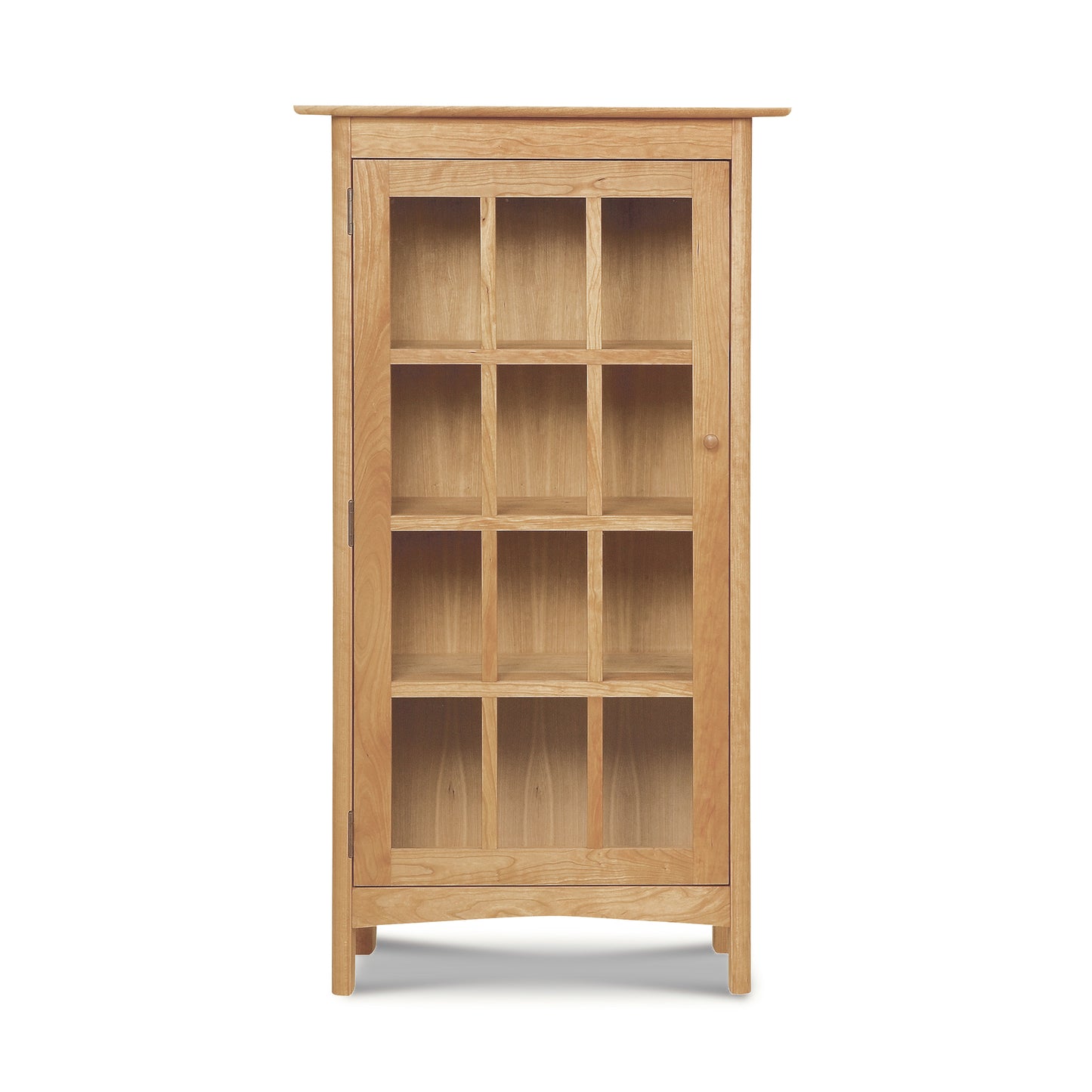 Heartwood Shaker Glass Door Bookcase with twelve square compartments, crafted in solid wood by Vermont Furniture Designs.