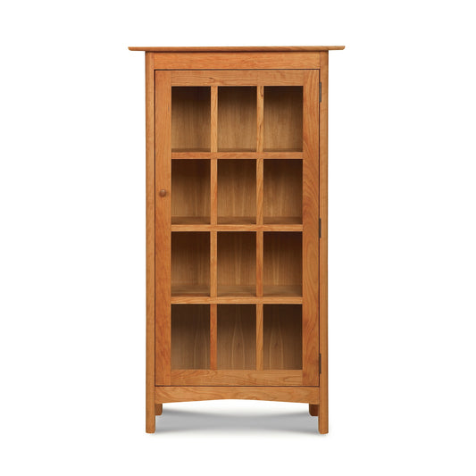Heartwood Shaker Glass Door Bookcase with three shelves and a natural wood finish, crafted by Vermont Furniture Designs.