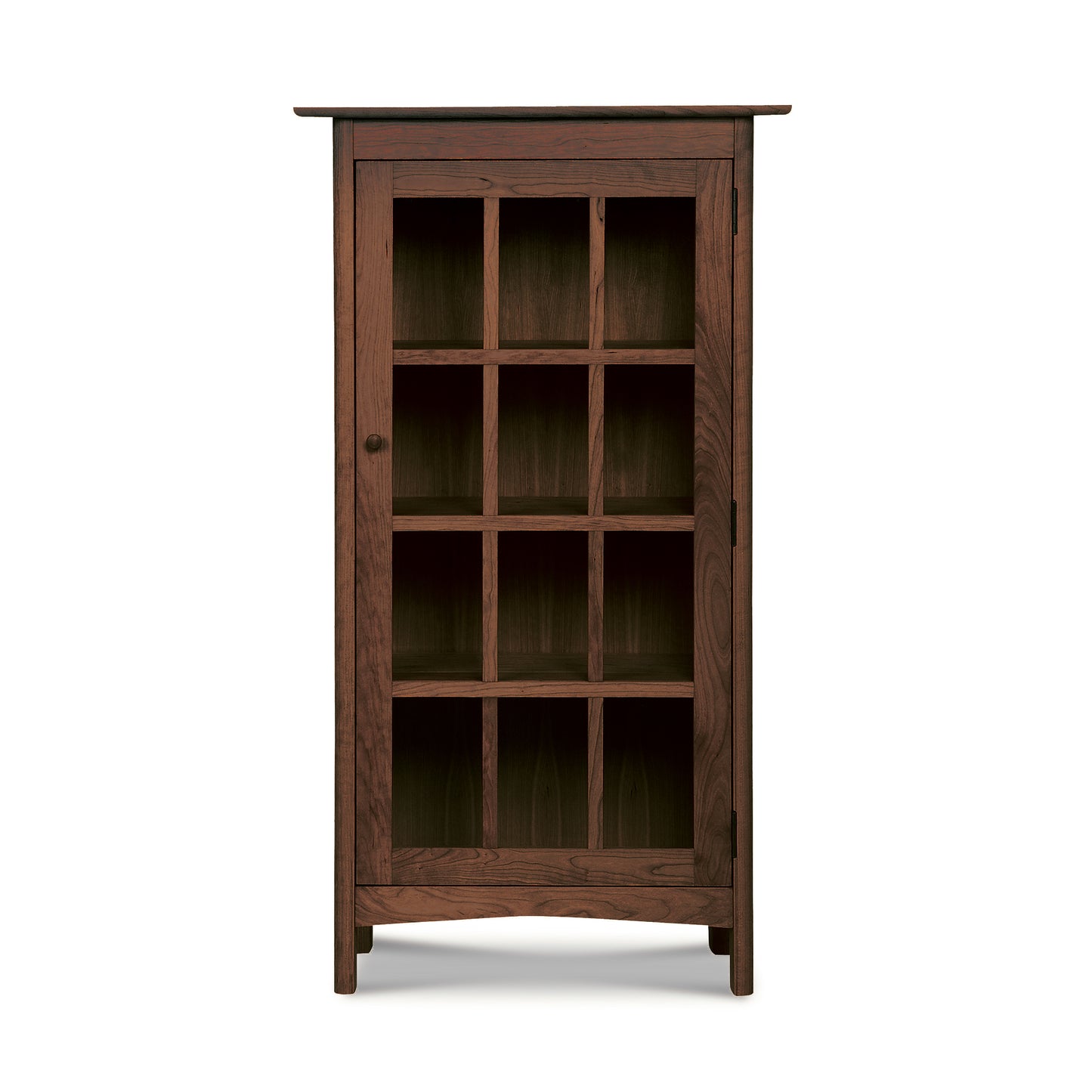 Heartwood Shaker Glass Door Bookcase by Vermont Furniture Designs with a nine-pane glass door and sturdy four-leg base, showcasing fine American craftsmanship.