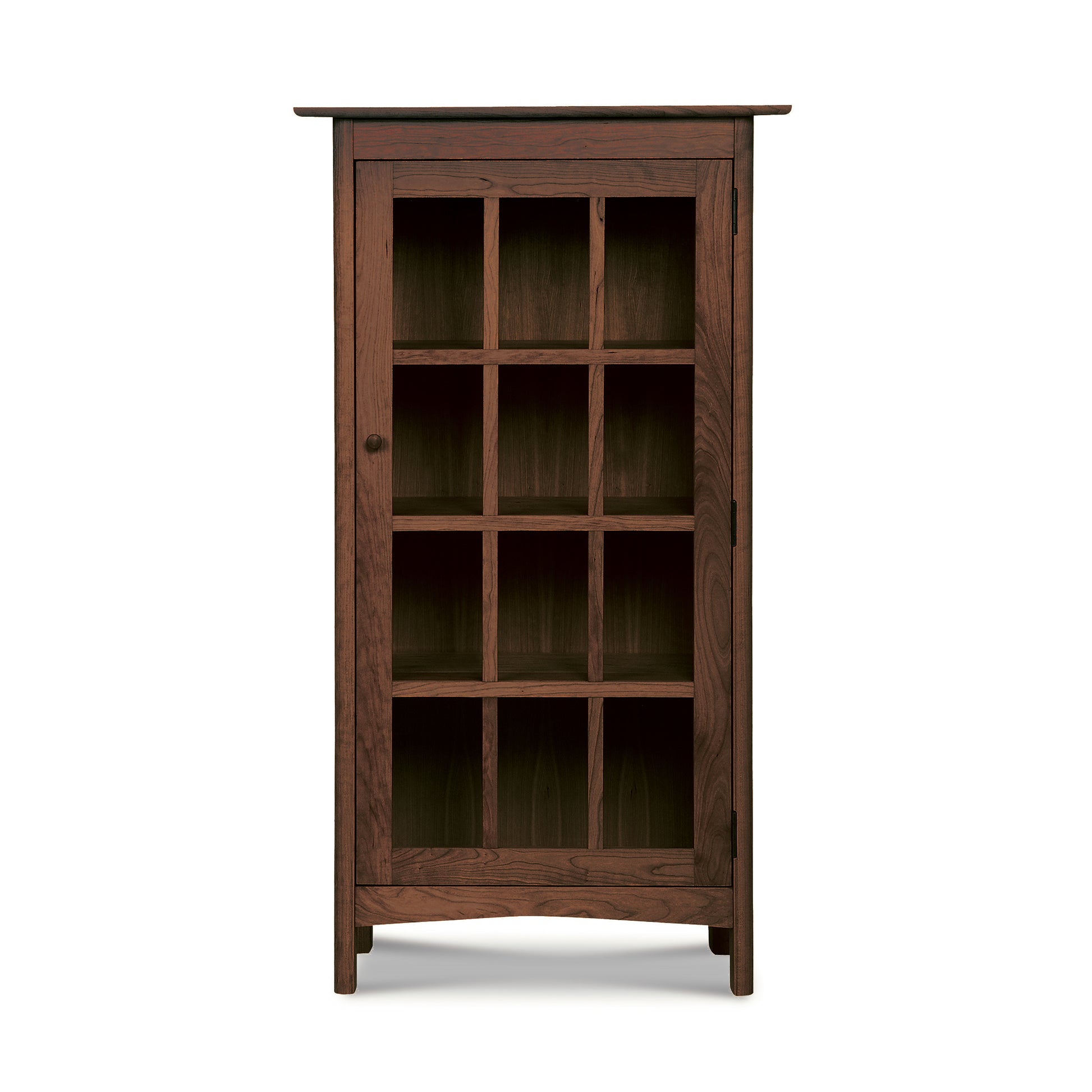 Heartwood Shaker Glass Door Bookcase by Vermont Furniture Designs with a nine-pane glass door and sturdy four-leg base, showcasing fine American craftsmanship.