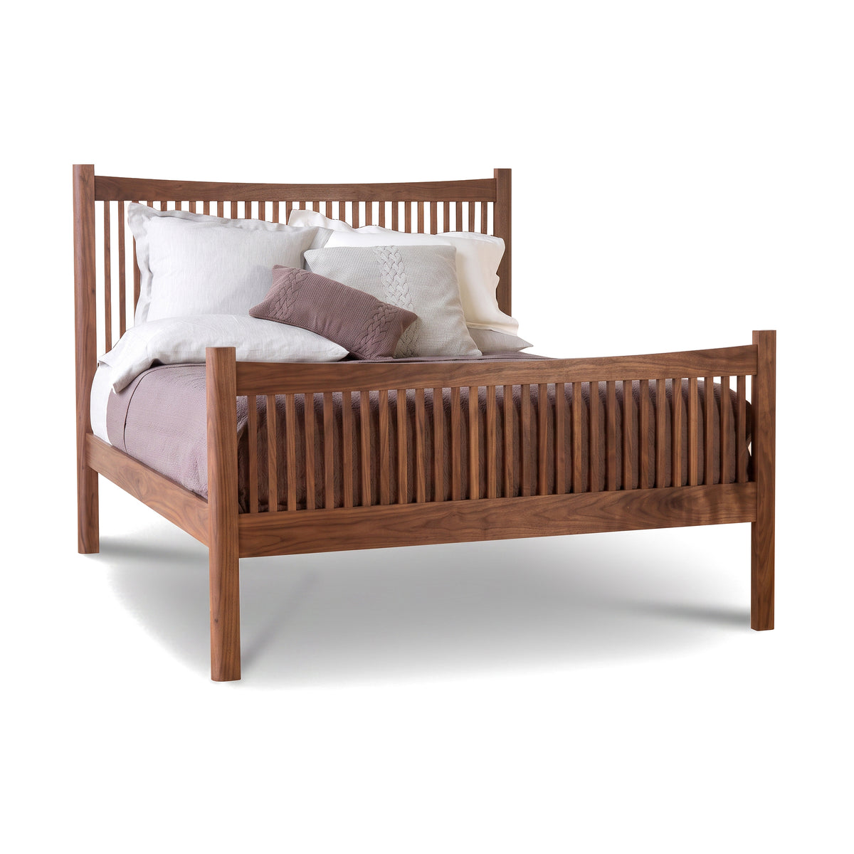 Heartwood Shaker High Footboard Bed by Vermont Furniture Designs in solid wood with high headboard and footboard, shown with light bedding.