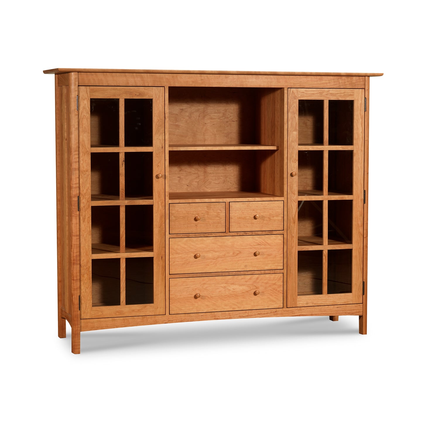 Heartwood Shaker Home Office Center Cabinet with glass doors, four drawers, and open shelf, crafted by Vermont Furniture Designs in solid wood.