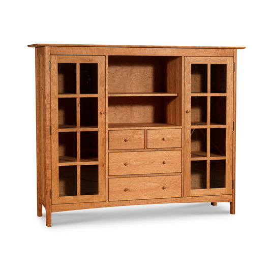 Heartwood Shaker Home Office Center Cabinet with glass doors, four drawers, and open shelves, handcrafted by Vermont Furniture Designs.