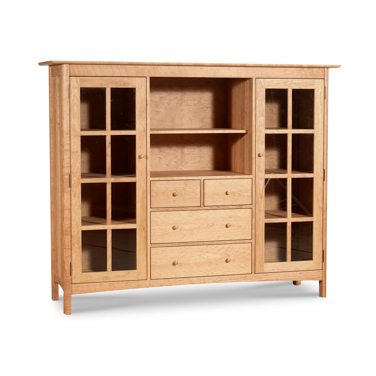 Heartwood Shaker Home Office Center Cabinet in light wood with glass doors, crafted by Vermont Furniture Designs.