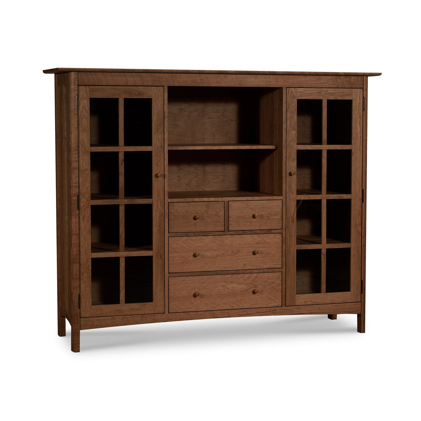 Heartwood Shaker Home Office Center Cabinet with glass doors, four drawers, and an open shelf, crafted by Vermont Furniture Designs.