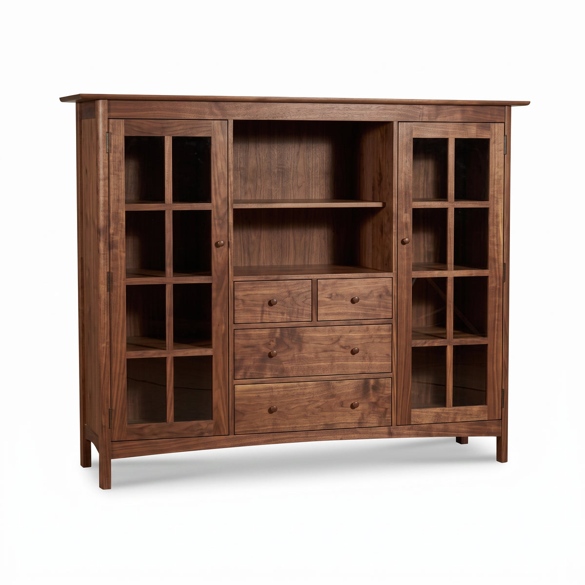 Heartwood Shaker Home Office Center Cabinet in solid wood with glass doors, three drawers, and overhead shelf by Vermont Furniture Designs.