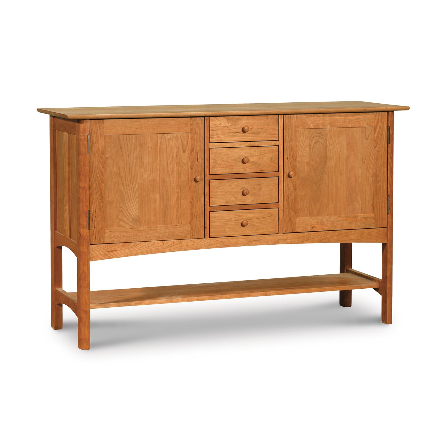 Heartwood Shaker Huntboard sideboard with two cabinets, four drawers, and an open shelf crafted by Vermont Furniture Designs.