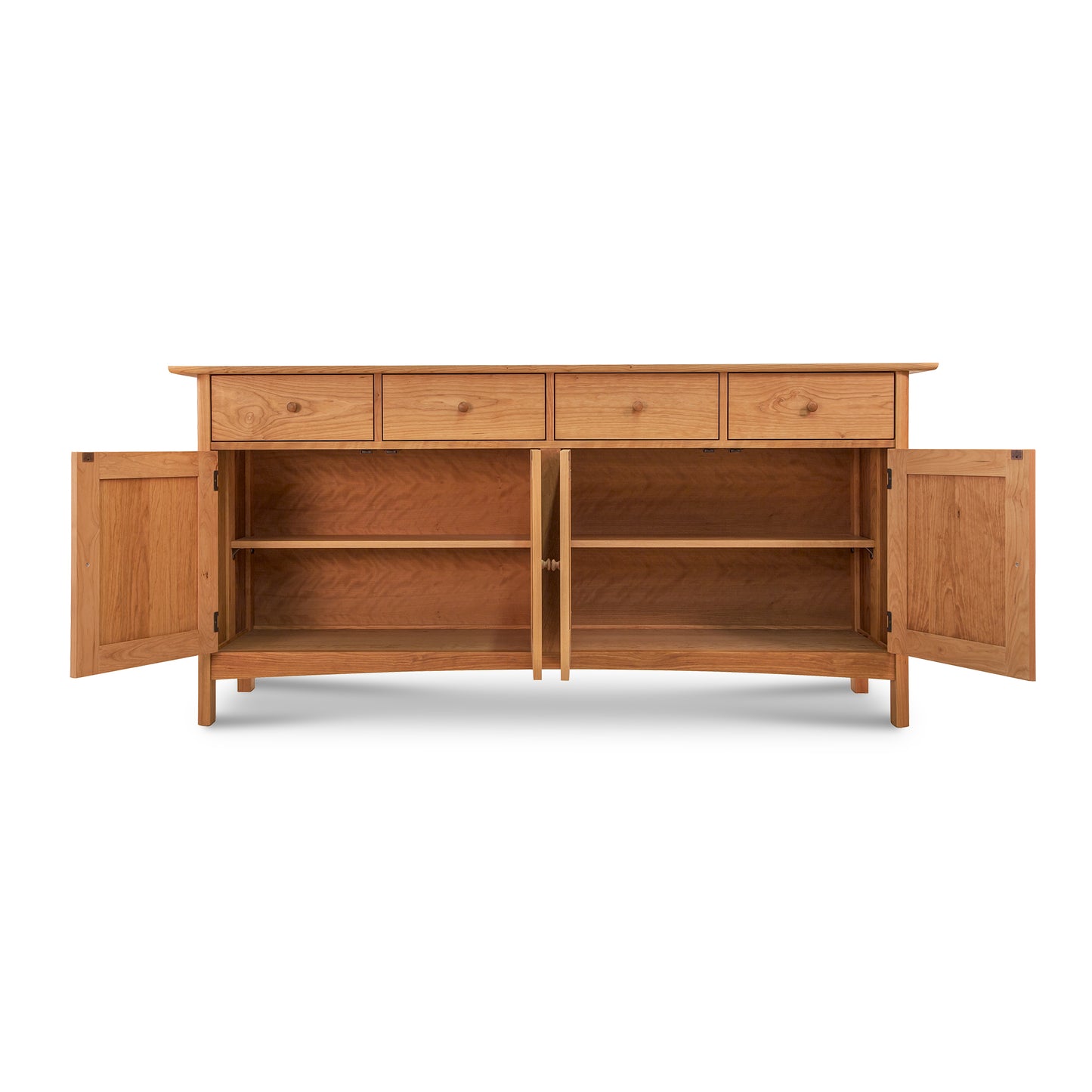 Heartwood Shaker Long Sideboard with four drawers and two open cabinet doors revealing interior shelves, crafted by Vermont Furniture Designs.