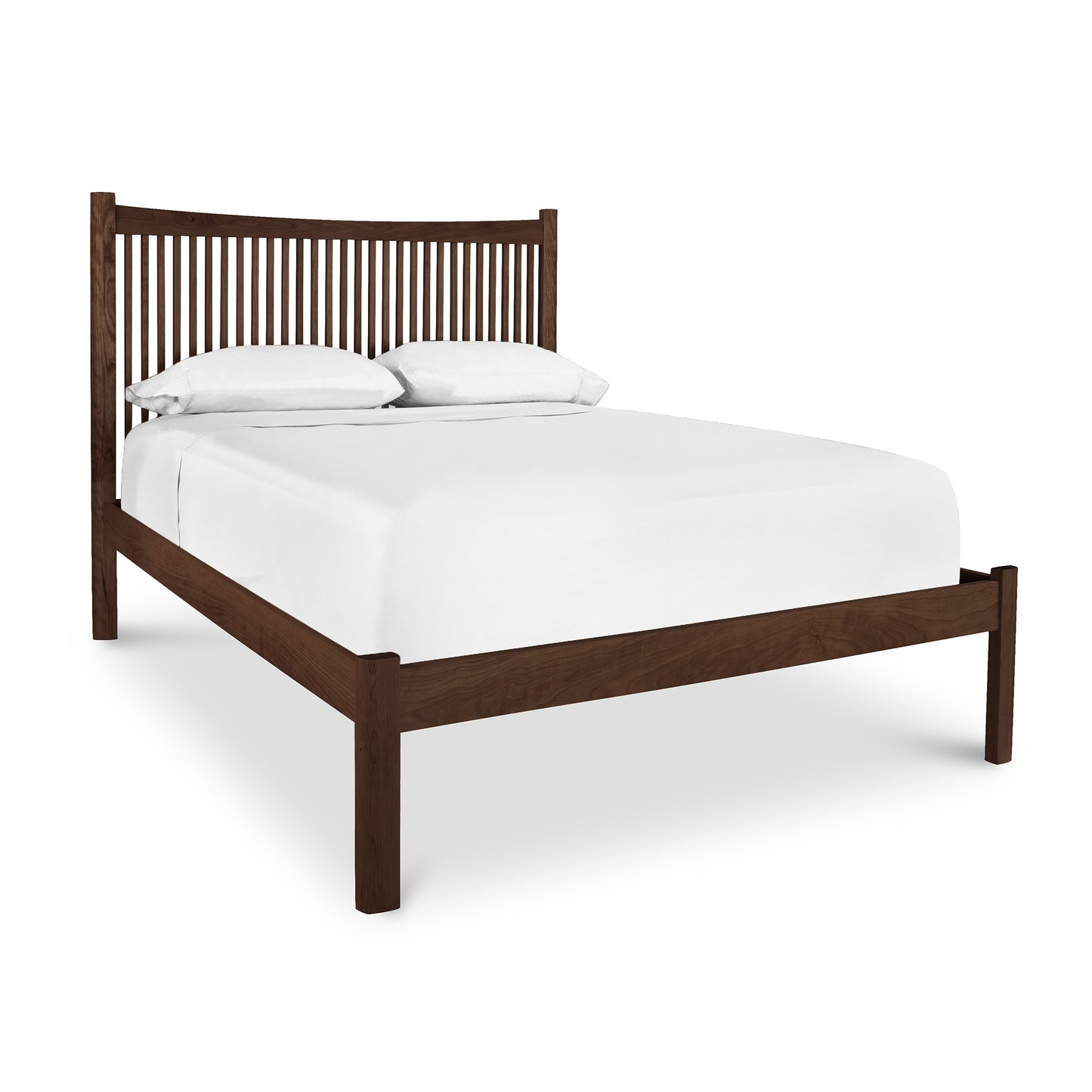 A Heartwood Shaker Low Footboard Bed frame featuring a slatted headboard and a footboard, dressed with white bedding and two pillows, against a white background.
