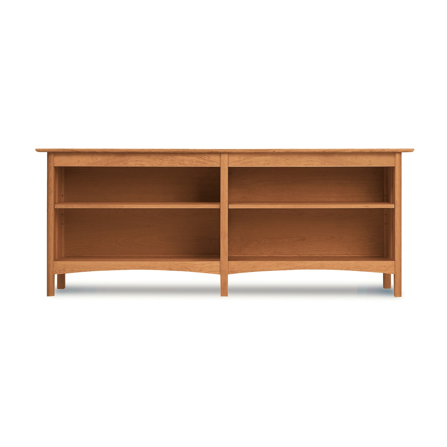 A Heartwood Shaker Open Console Bookcase with open shelving, isolated on a white background by Vermont Furniture Designs.
