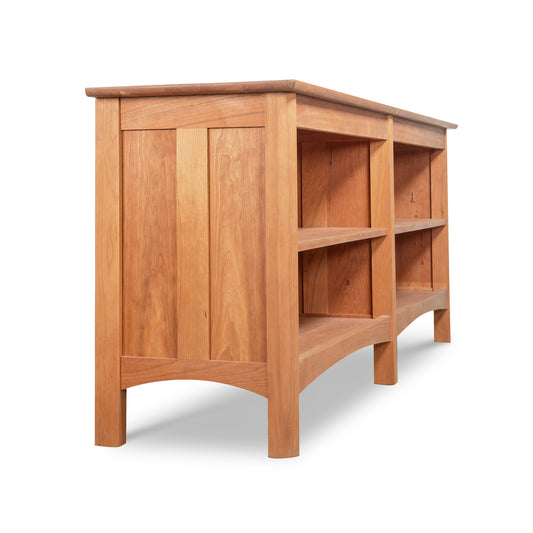 Heartwood Shaker Open Console Bookcase by Vermont Furniture Designs, with two spacious shelves and open back, crafted from quality wood, shown angled.