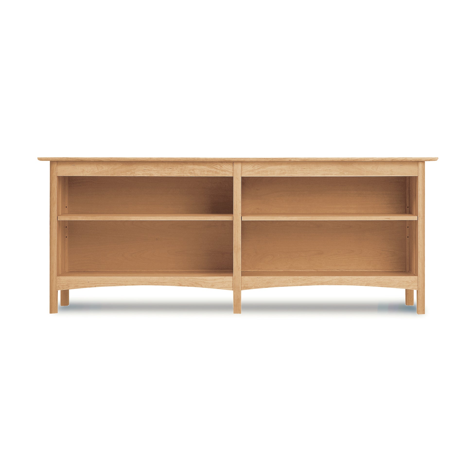 Heartwood Shaker Open Console Bookcase with two open shelves, handcrafted in eco-friendly hardwood by Vermont Furniture Designs, displayed on a plain white background.