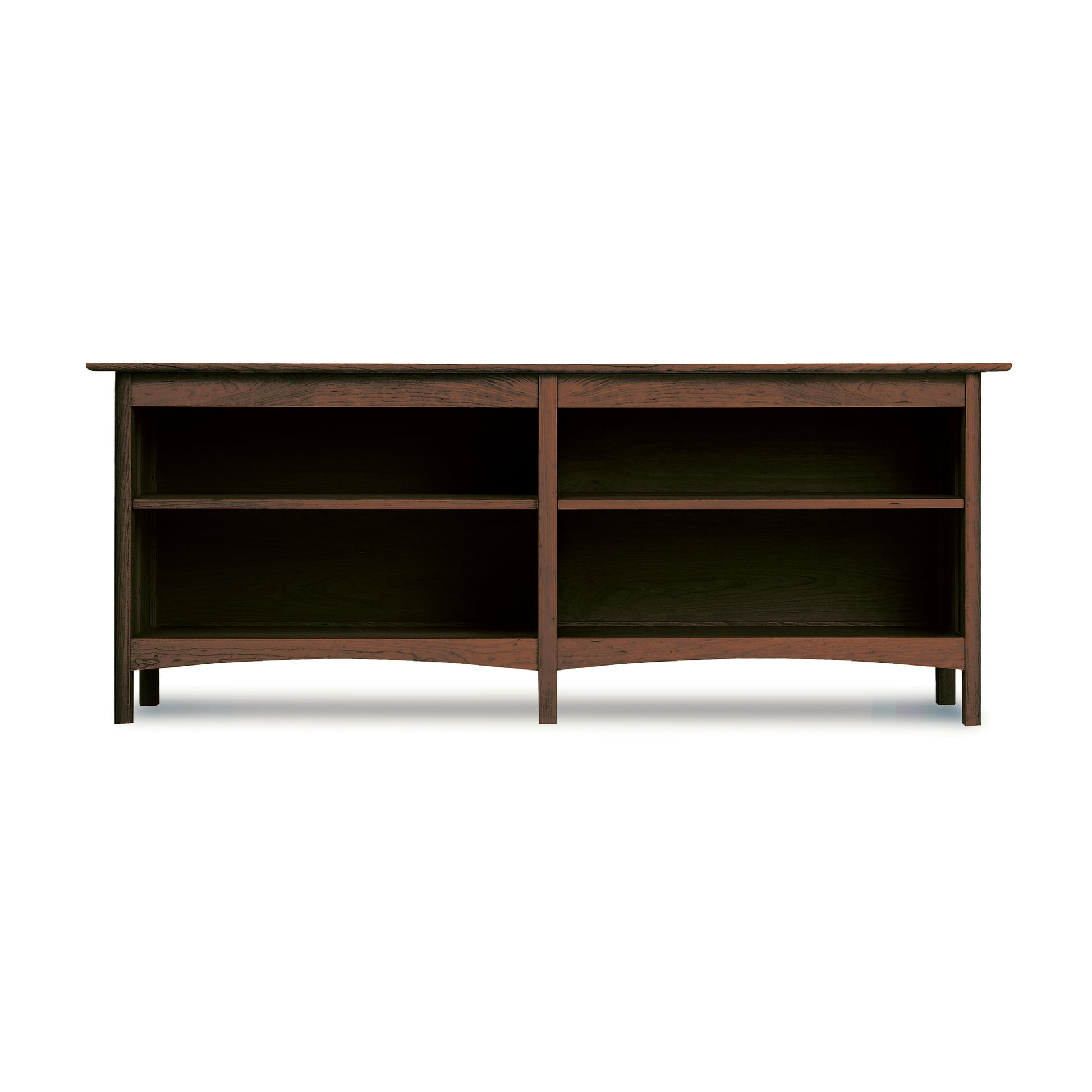 A Heartwood Shaker Open Console Bookcase with open shelves, handmade by Vermont Furniture Designs, isolated on a white background.