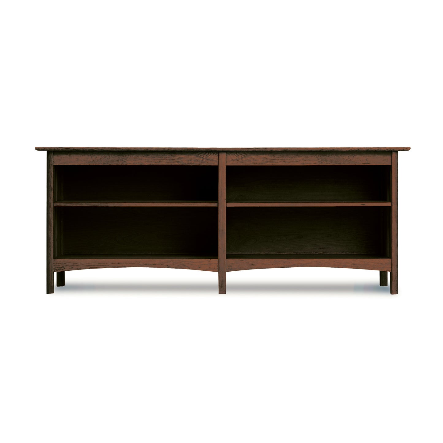 Heartwood Shaker Open Console Bookcase in dark wood by Vermont Furniture Designs, showcasing two open shelves and sleek Shaker-inspired lines.