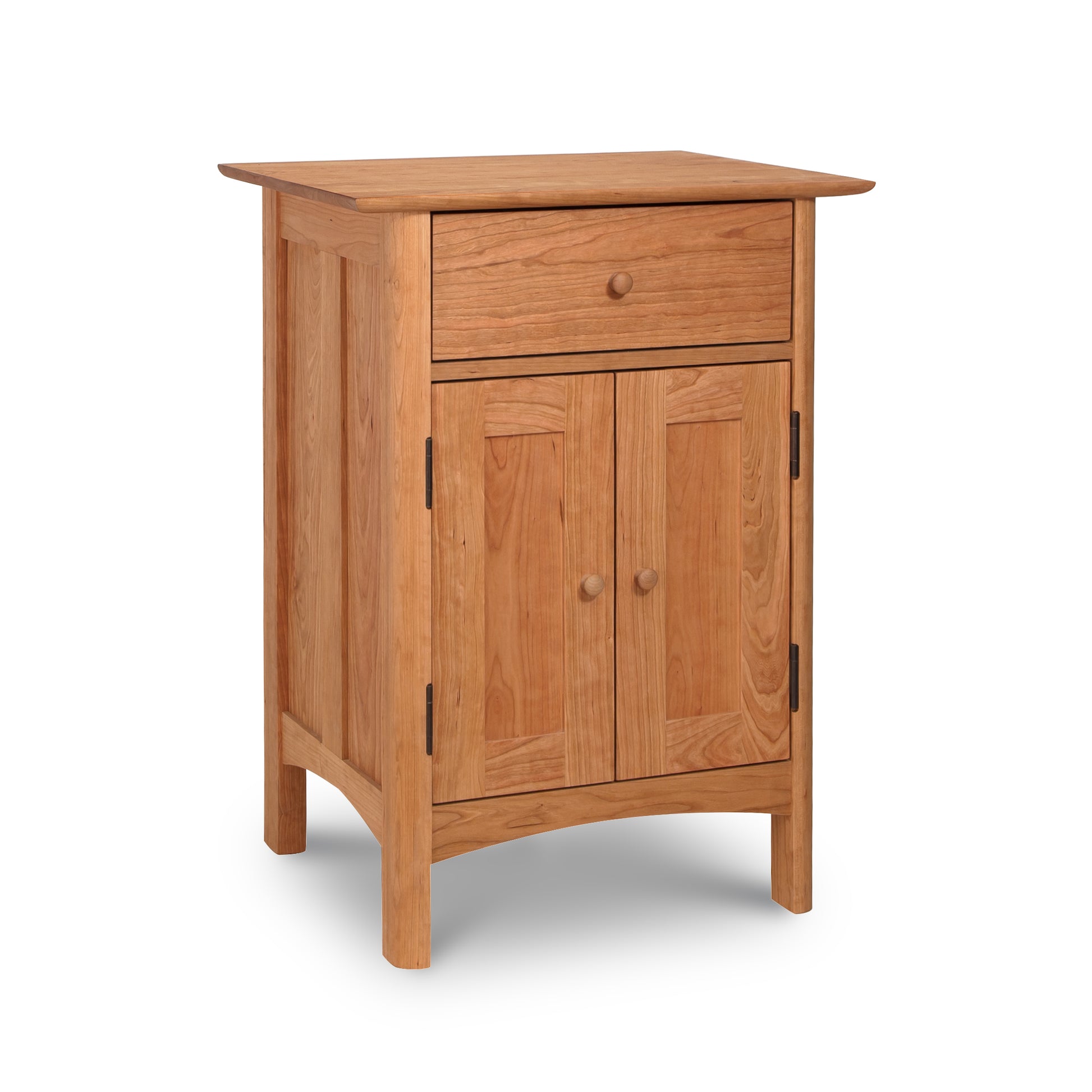 A Heartwood Shaker Short Storage Chest from Vermont Furniture Designs with one drawer and two doors on a white background.