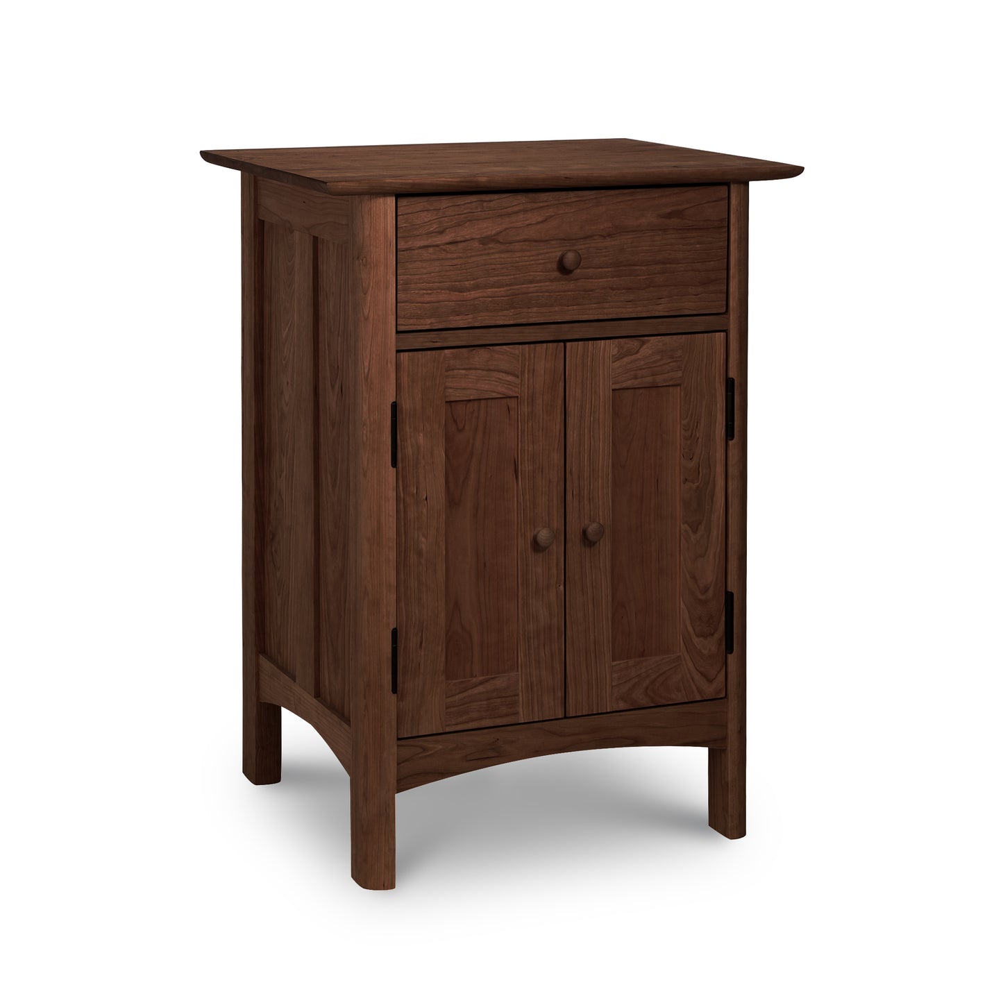 Heartwood Shaker Short Storage Chest by Vermont Furniture Designs, crafted in solid wood with a dark brown finish, one drawer, and two doors.