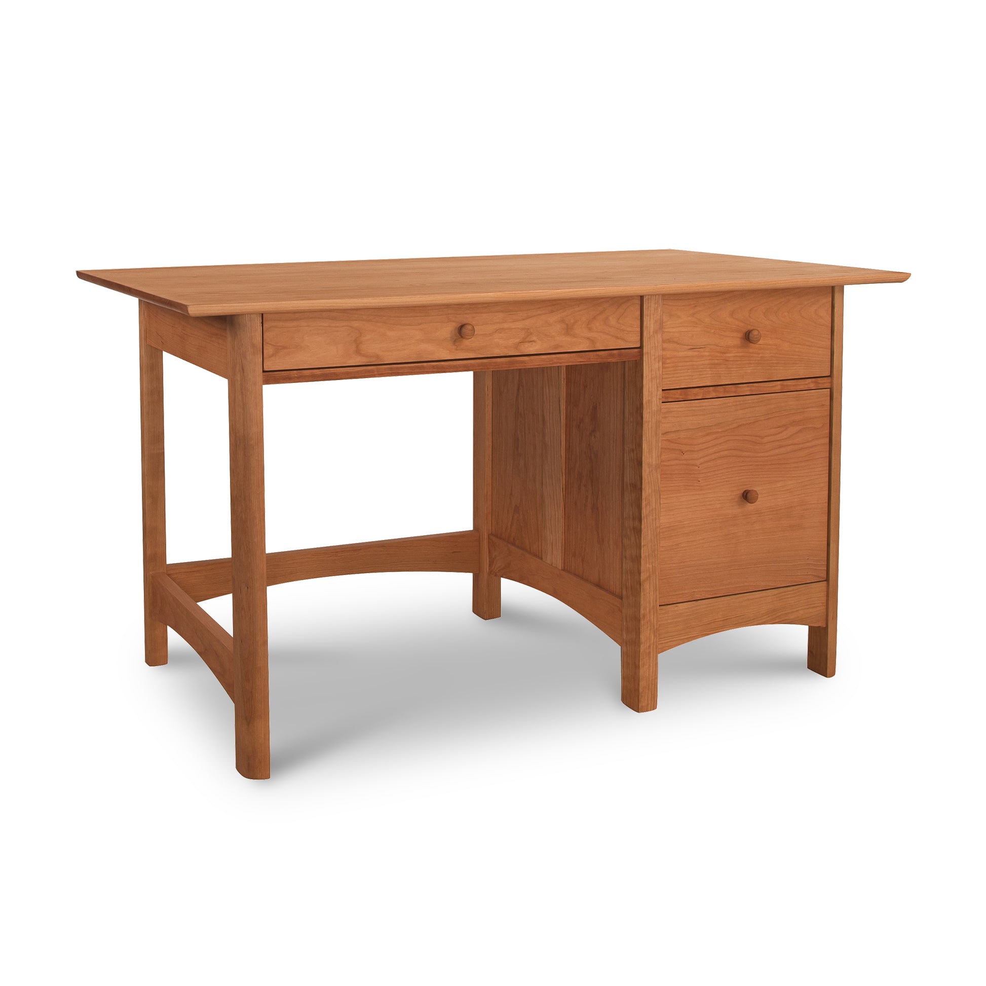 Heartwood Shaker Study Desk by Vermont Furniture Designs with a natural wood finish, central drawer, and two side drawers highlighted.
