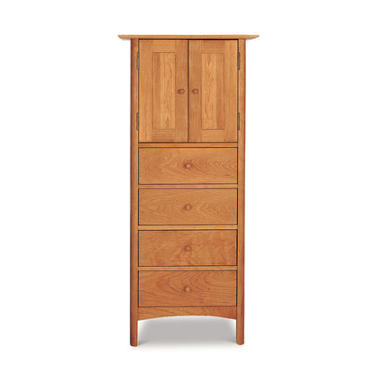 A tall Vermont Furniture Designs Heartwood Shaker Tall Storage Chest with two doors at the top and four drawers below, against a white background.