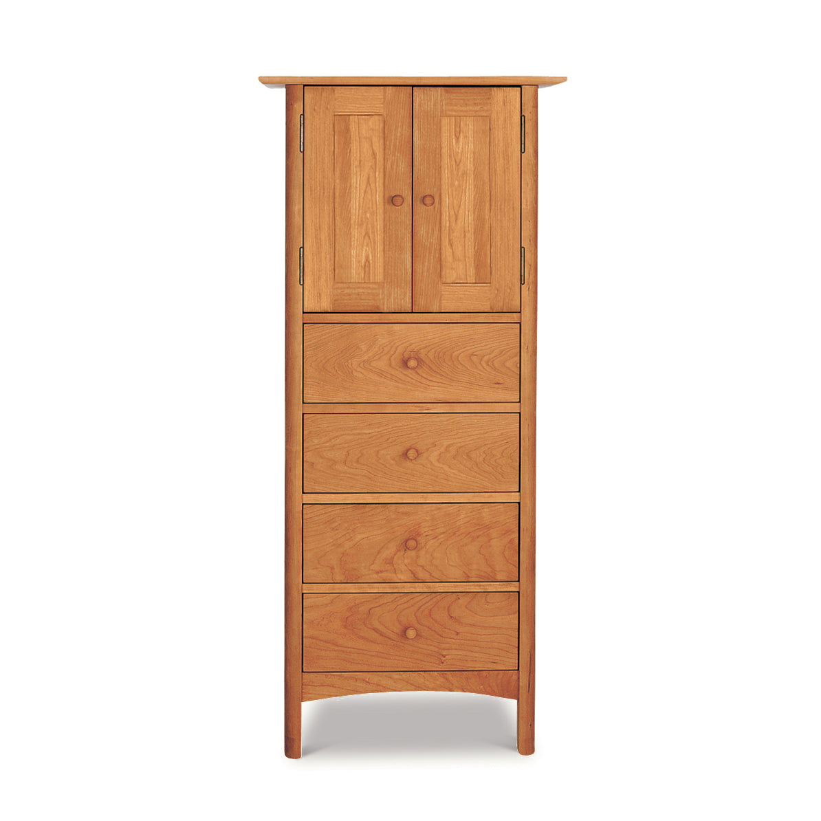 Handcrafted Heartwood Shaker Tall Storage Chest by Vermont Furniture Designs, featuring two doors above four drawers, in a refined light brown finish.