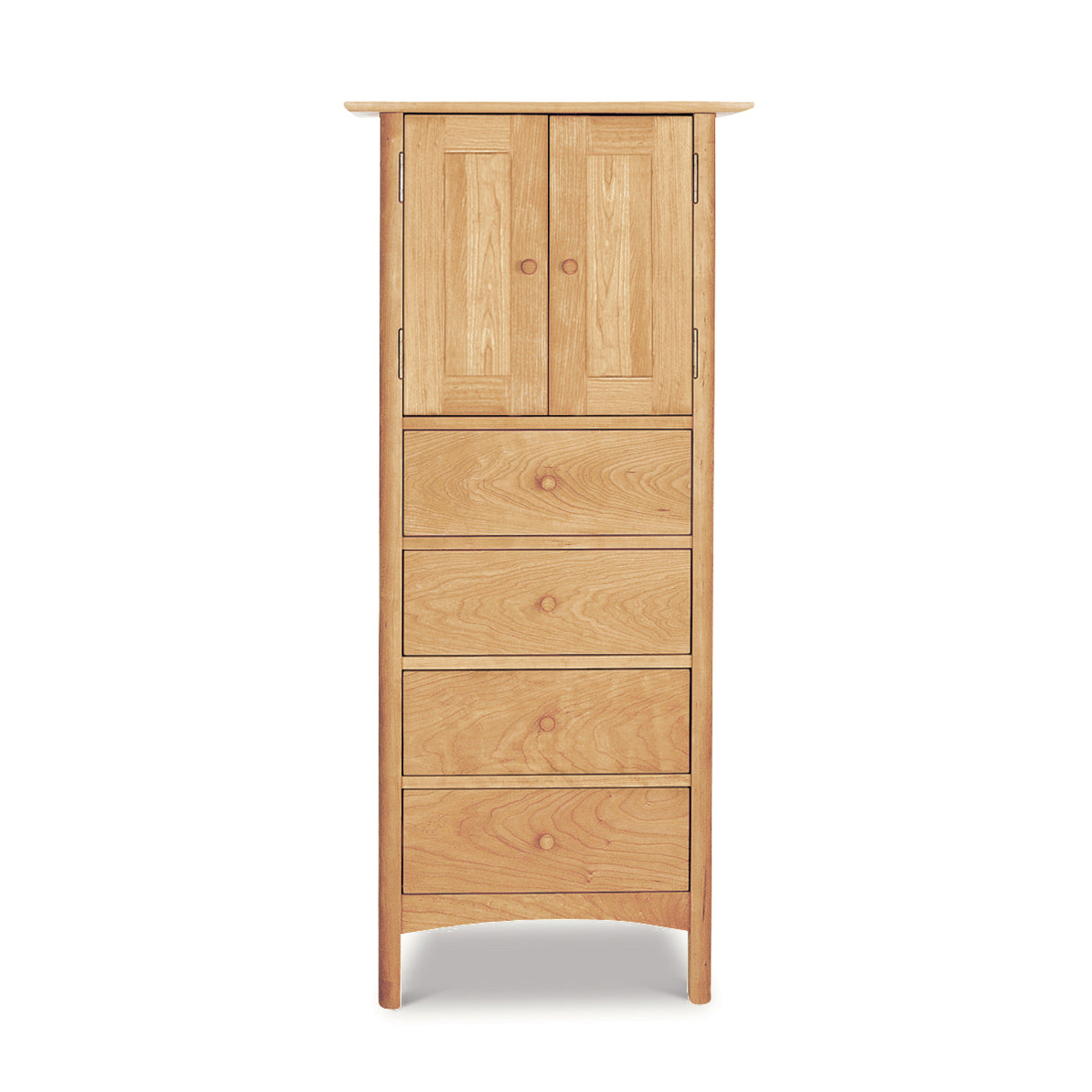 A Heartwood Shaker Tall Storage Chest tallboy dresser with two doors at the top and five drawers beneath, isolated on a white background, by Vermont Furniture Designs.