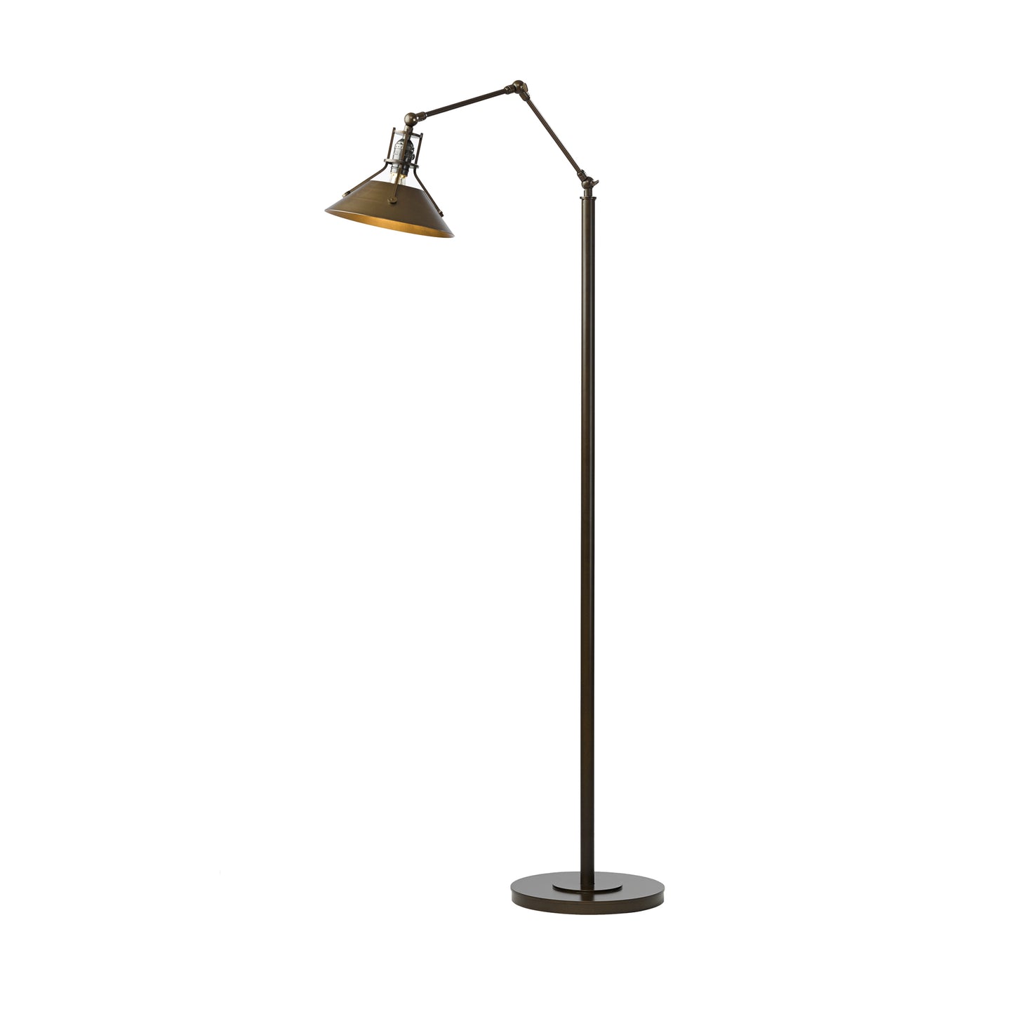 Tall black floor lamp with adjustable arm and metal cone-shaped shade from Hubbardton Forge's Henry collection.