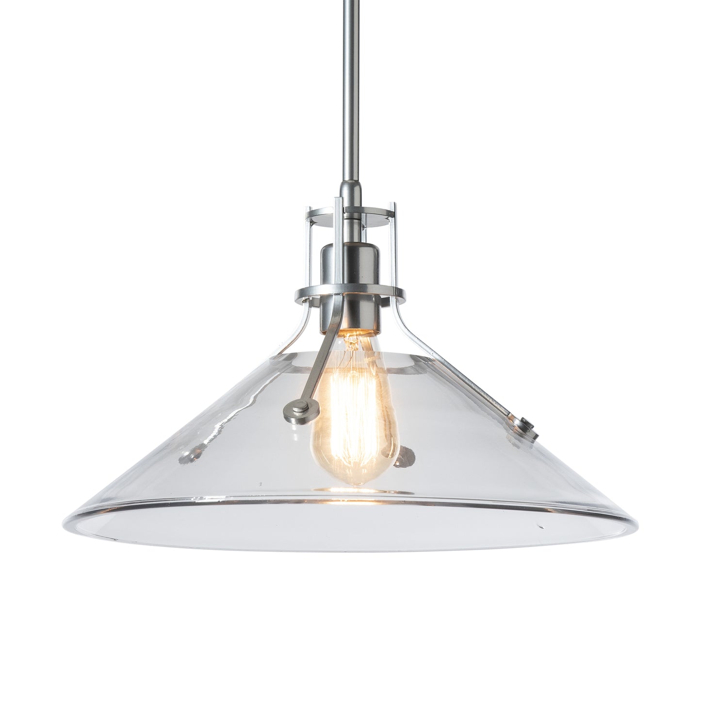 Hubbardton Forge Henry Medium Glass Shade Pendant featuring industrial-modern design with a clear cone-shaped shade and visible bulb.