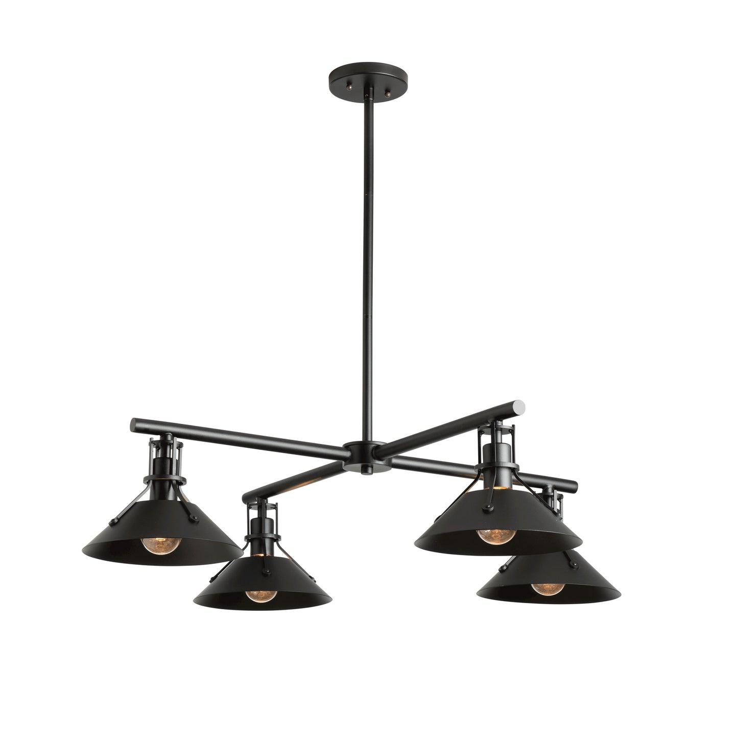 Hubbardton Forge Henry Outdoor 4-Light Pendant with black metal frame, conical shades, and exposed bulbs in a striking industrial design.