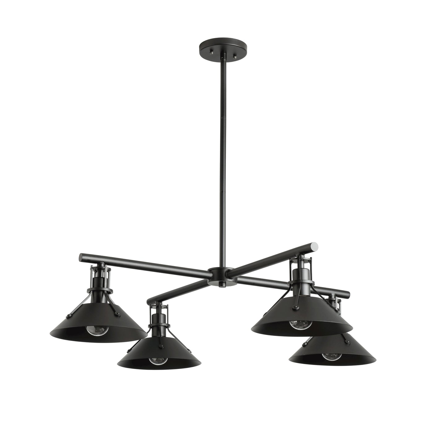 Henry Outdoor 4-Light Pendant by Hubbardton Forge with black conical shades and a sleek modern industrial design, highlighting its craftsmanship and style.
