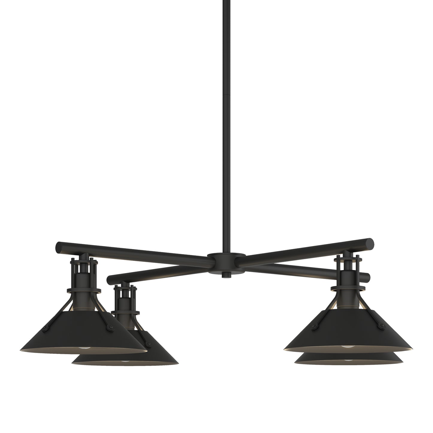 Henry Outdoor 4-Light Pendant by Hubbardton Forge showcasing industrial-style design with four metal shades and a straight central rod.